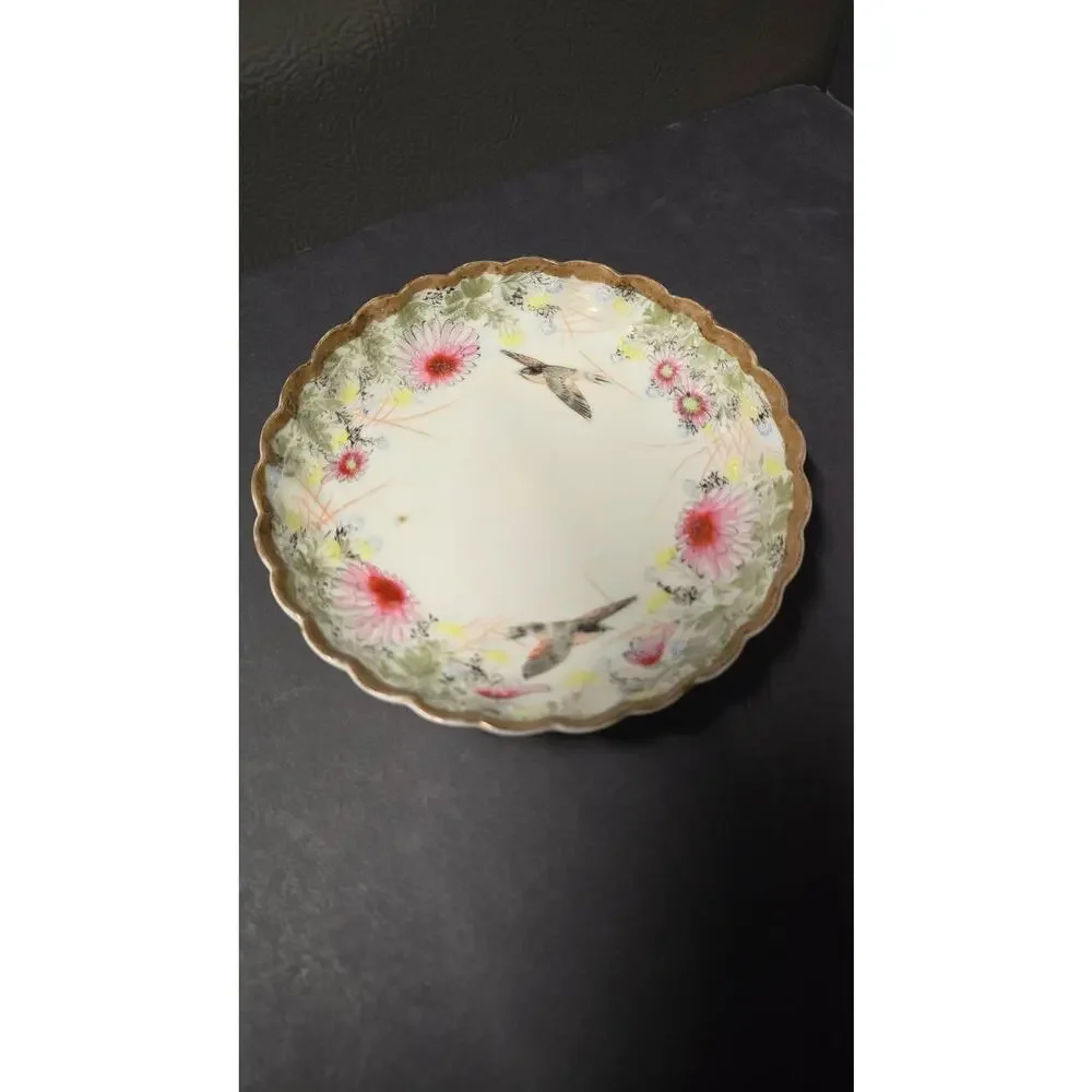 Vintage Unmarked Porcelain Plate Birds Pink Floral Gold Trim Scalloped Edge